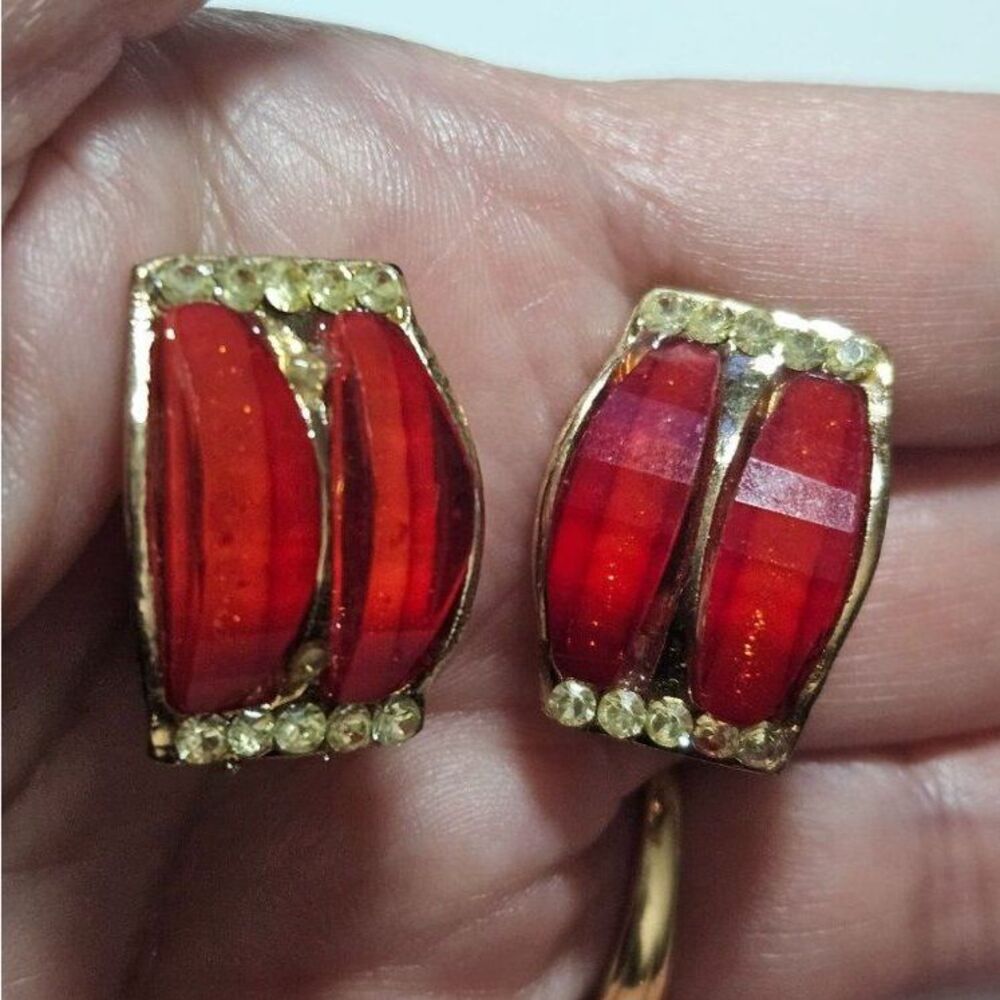 Gold tone clip on earrings red clear